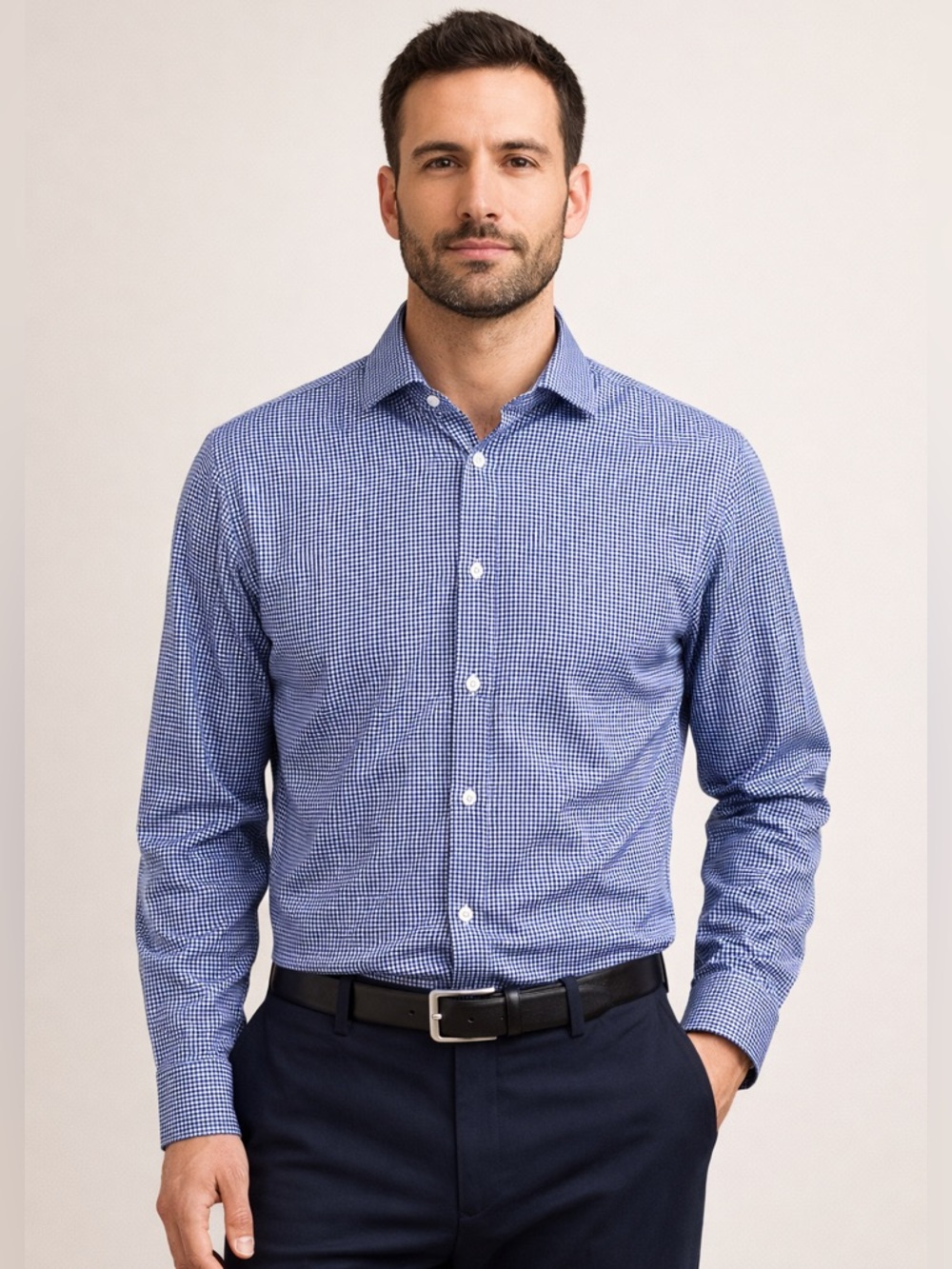 Paul Stuart Blue Micro Check Button Front Shirt 100% Cotton